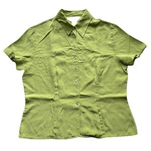 Petite Sophisticate Women Blouse Size 14 Green Short Sleeve 100% Silk Button Up